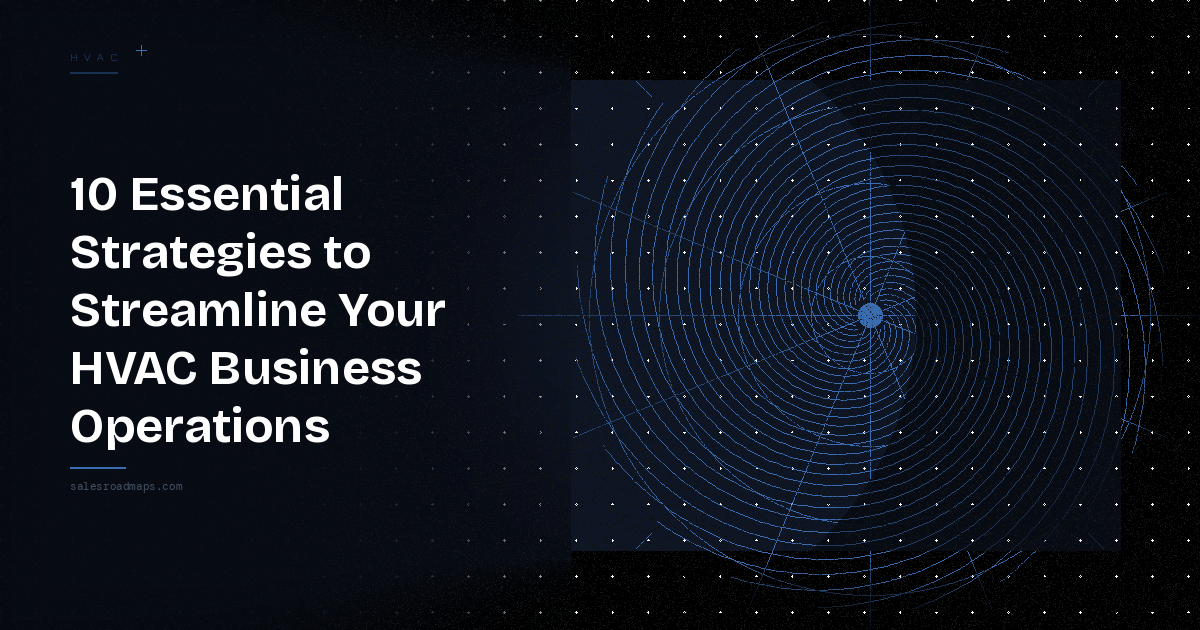 Hero image: bold headline about 10 essential strategies to streamline HVAC business operations with a dark gradient left and a circular radar-like diagram on the right.