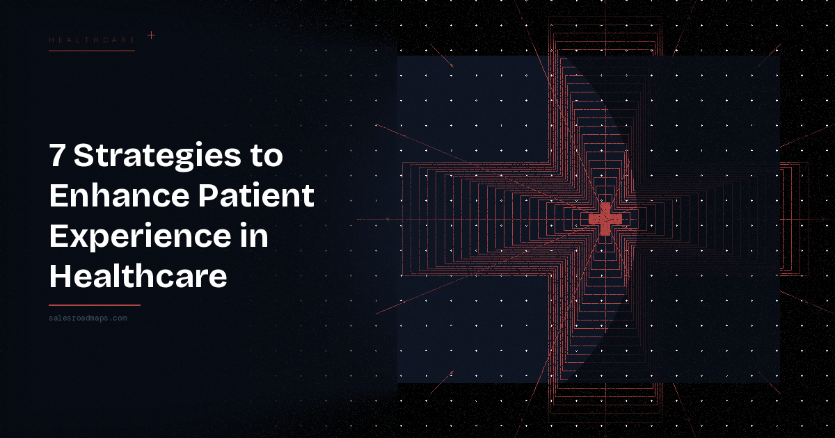 Hero banner: '7 Strategies to Enhance Patient Experience in Healthcare' on a dark left panel with a red geometric cross design on the right.
