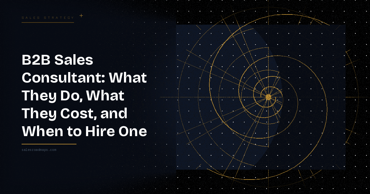 Hero banner for an article: 'B2B Sales Consultant: What They Do, What They Cost, and When to Hire One' on a dark left panel, with a gold circular geometric diagram on the right.