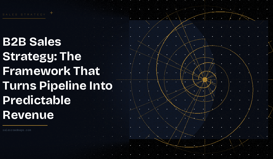 Hero banner with the bold headline 'B2B Sales Strategy: The Framework That Turns Pipeline Into Predictable Revenue' on the left and a gold circular target graphic on the right.