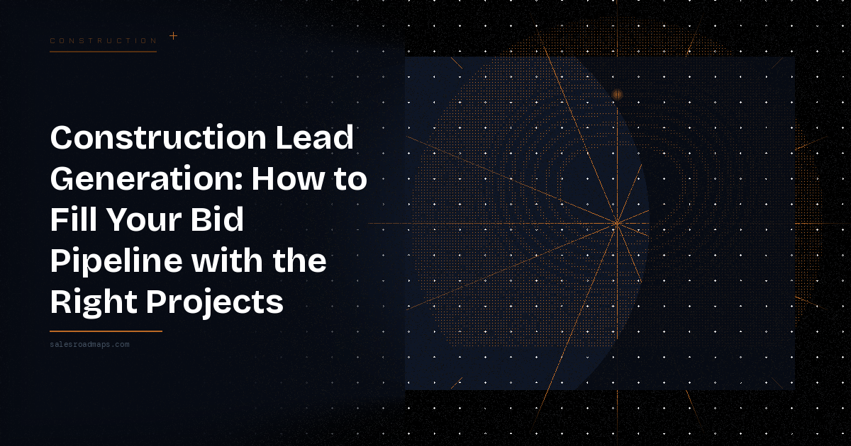 Hero banner for a construction lead generation article: bold white title on the left, small 'CONSTRUCTION' label at top, site URL bottom left, and an orange geometric/radial graphic on the right against a dark gradient background.