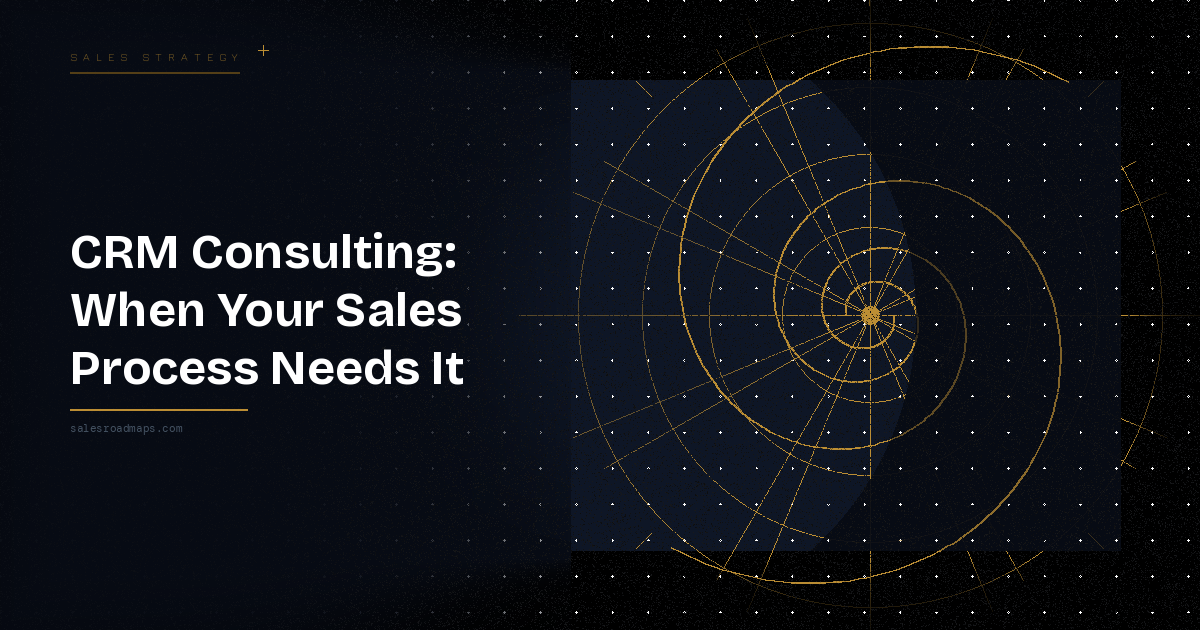 Hero: 'CRM Consulting: When Your Sales Process Needs It' with a gold radar-chart motif on the right against a starry dark background, left-dominant typography.