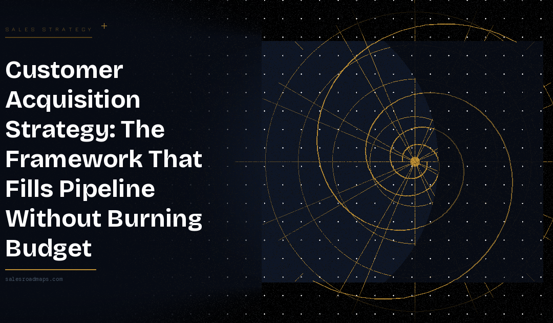 Hero banner with bold white headline about customer acquisition strategy on the left and a gold radar/spiral diagram on the right over a starry dark background.
