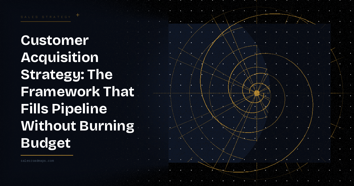 Hero banner with bold white headline about customer acquisition strategy on the left and a gold radar/spiral diagram on the right over a starry dark background.