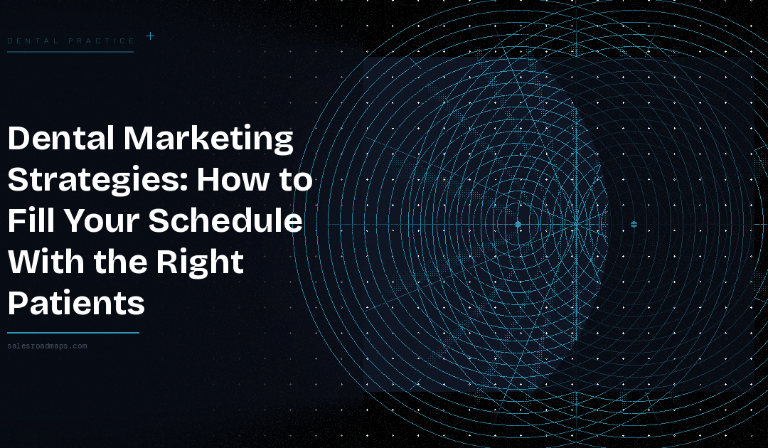 Hero banner for a dental marketing article: bold left-aligned title with a blue circular grid design on a dark background.