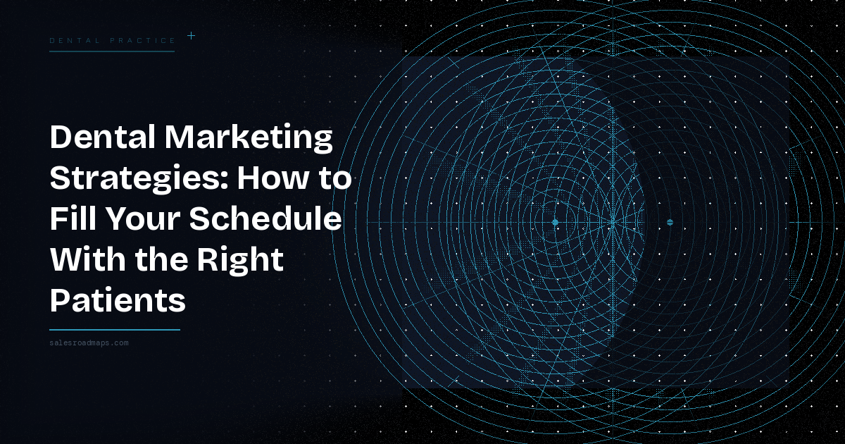 Hero banner for a dental marketing article: bold left-aligned title with a blue circular grid design on a dark background.