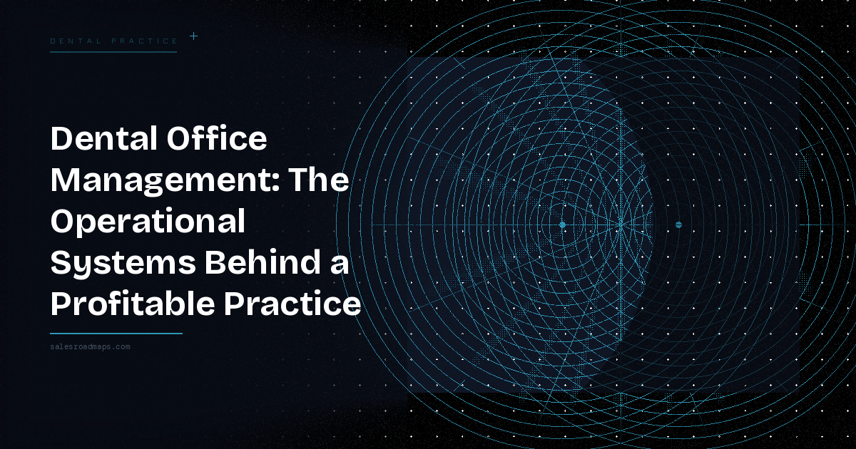 Hero image with the headline about dental office management on the left and a blue circular geometric pattern on the right.