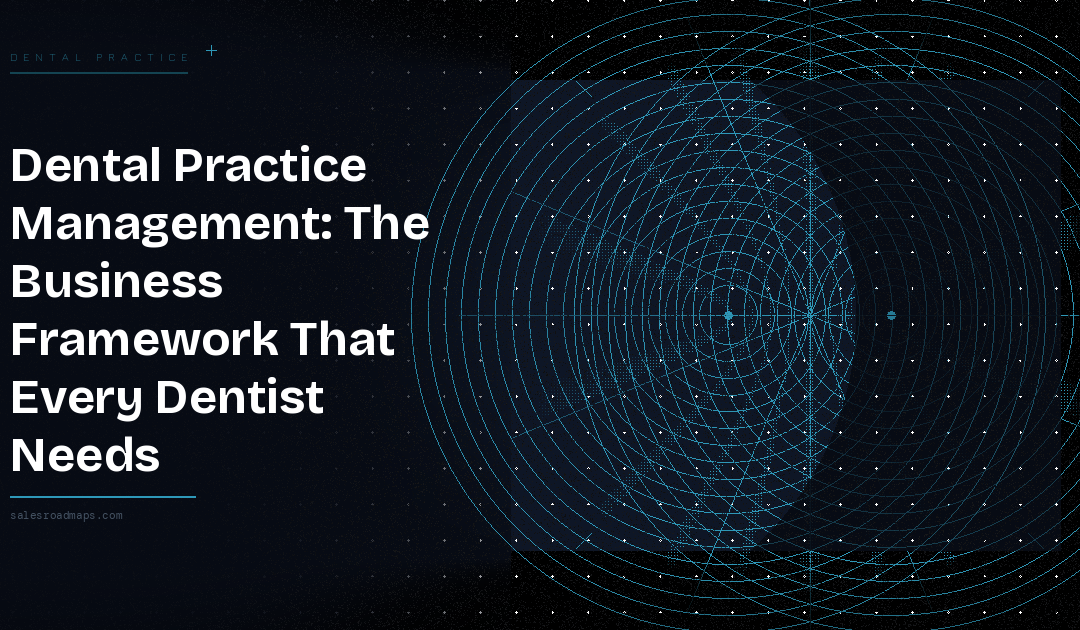 Hero banner: large white headline about dental practice management on the left with a blue circular geometric pattern on the right; dark blue gradient background.