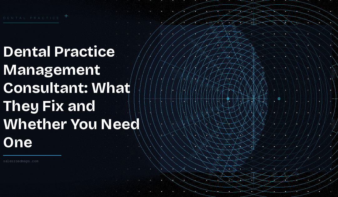 Hero image for a dental practice management article: bold white title on the left and a blue circular geometric pattern on a dark background.