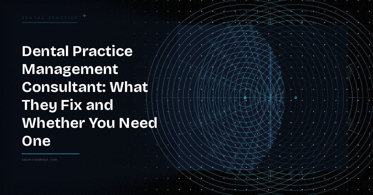 Hero image for a dental practice management article: bold white title on the left and a blue circular geometric pattern on a dark background.