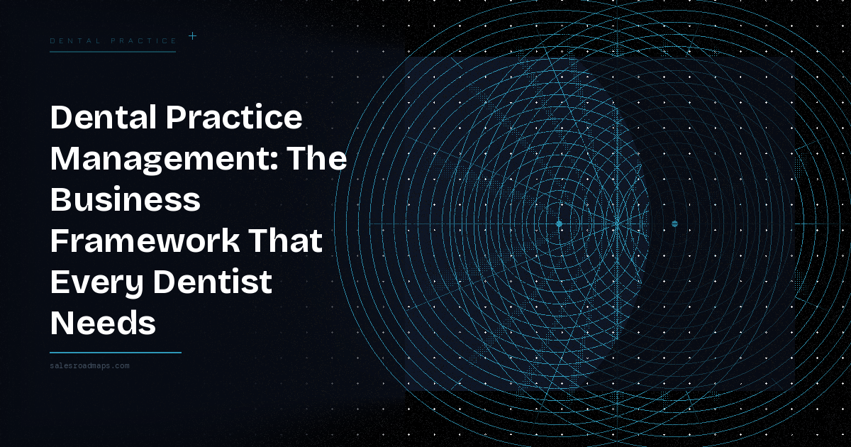 Hero banner: large white headline about dental practice management on the left with a blue circular geometric pattern on the right; dark blue gradient background.