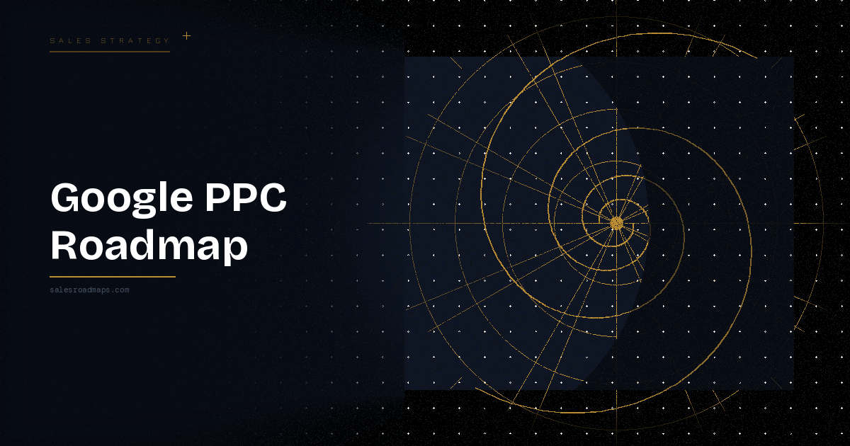 Google PPC Roadmap title on the left with a 'Sales Strategy' label; dark background and gold circular radar graphic on the right.