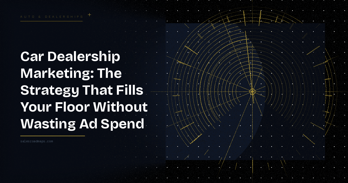 Hero image for a car dealership marketing article: bold white title on the left, dark gradient background, and a gold radar/chart graphic on the right; small site credit at bottom left.