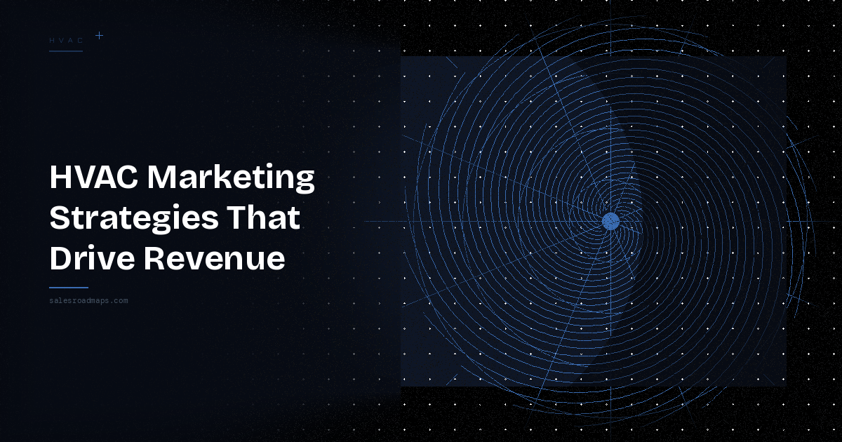 Hero banner: 'HVAC Marketing Strategies That Drive Revenue' on a dark gradient with a blue radar chart on the right.