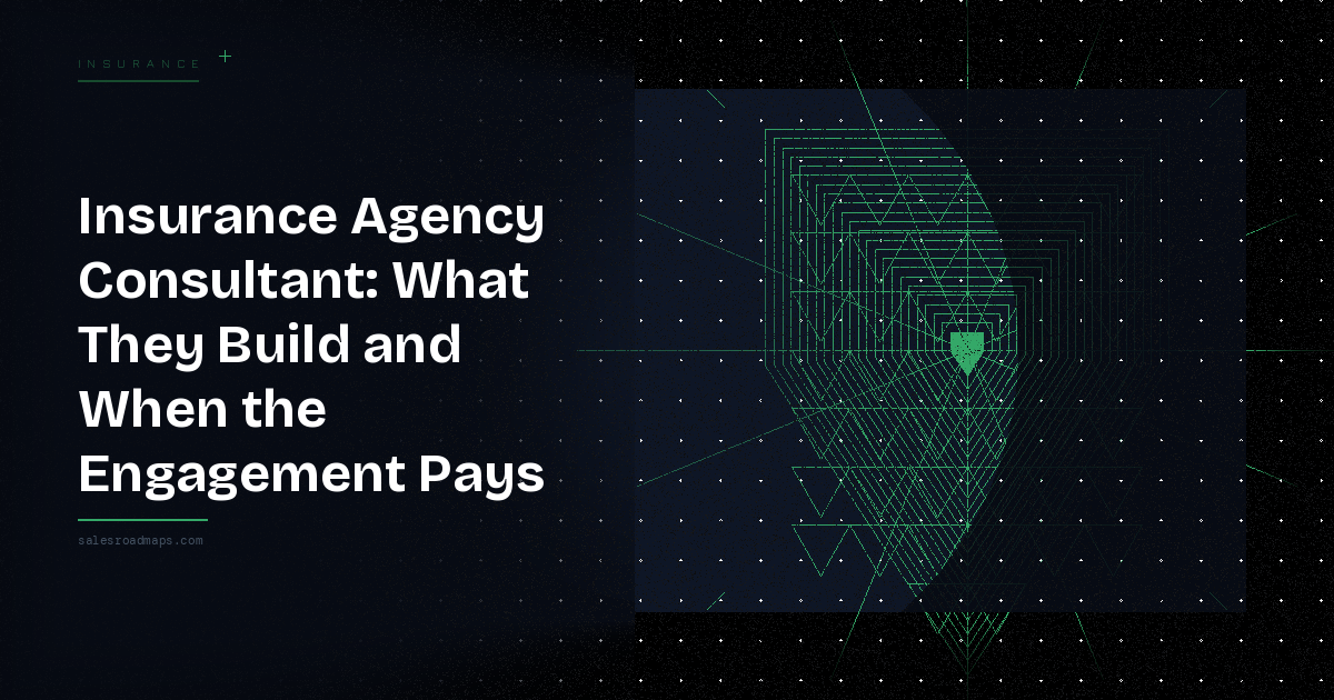 Hero banner with the headline 'Insurance Agency Consultant: What They Build and When the Engagement Pays' on a dark gradient; left side text and a green geometric spiral network on the right.