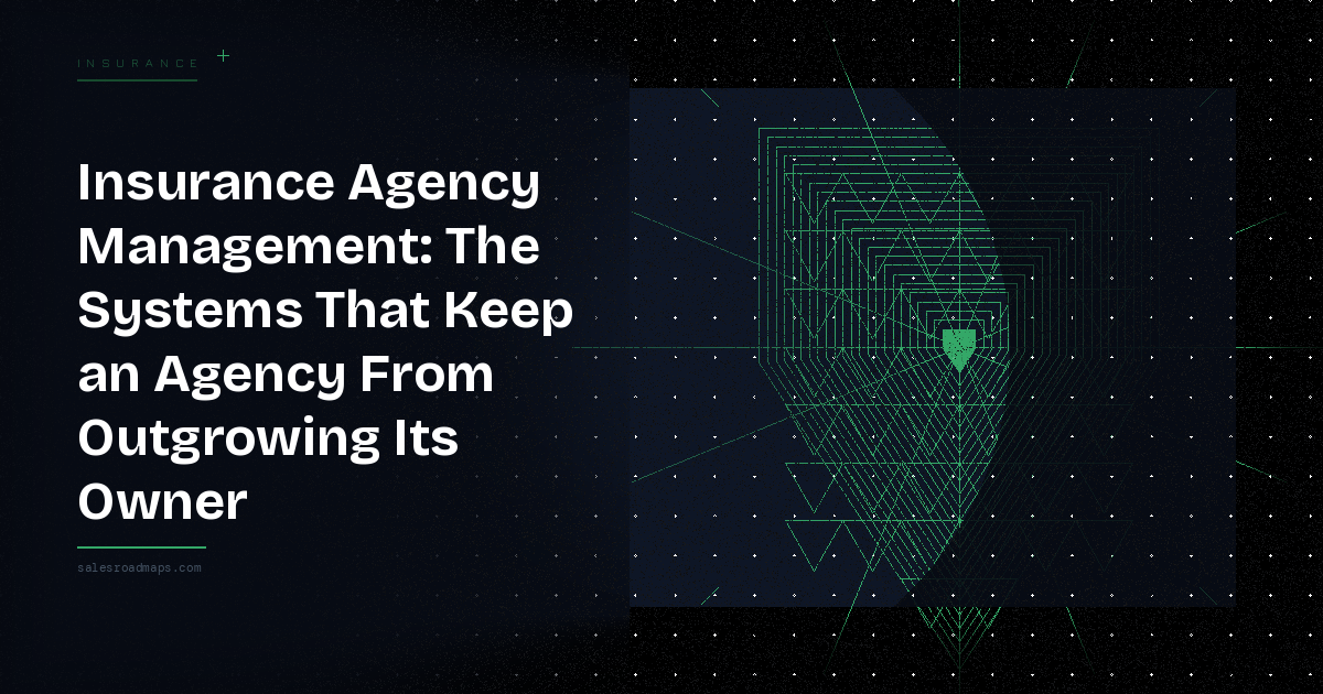 Hero banner with the headline 'Insurance Agency Management: The Systems That Keep an Agency From Outgrowing Its Owner' on a dark gradient background, plus a green geometric tunnel graphic on the right (salesroadmaps.com).