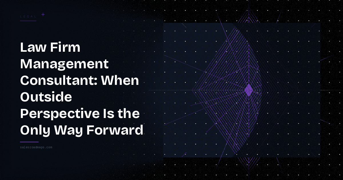 Hero banner for a law firm management consulting article with bold white text on the left and a purple geometric design on the right backdrop.
