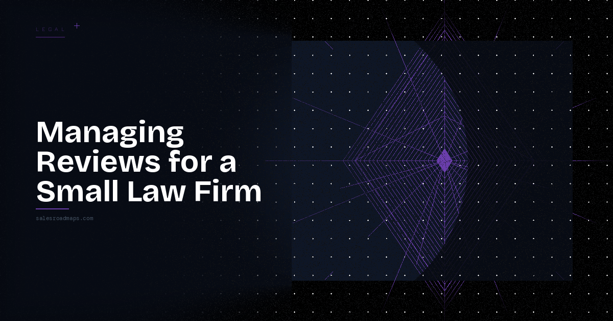 Headline on a dark gradient background reading 'Managing Reviews for a Small Law Firm' with a purple geometric lattice design on the right.