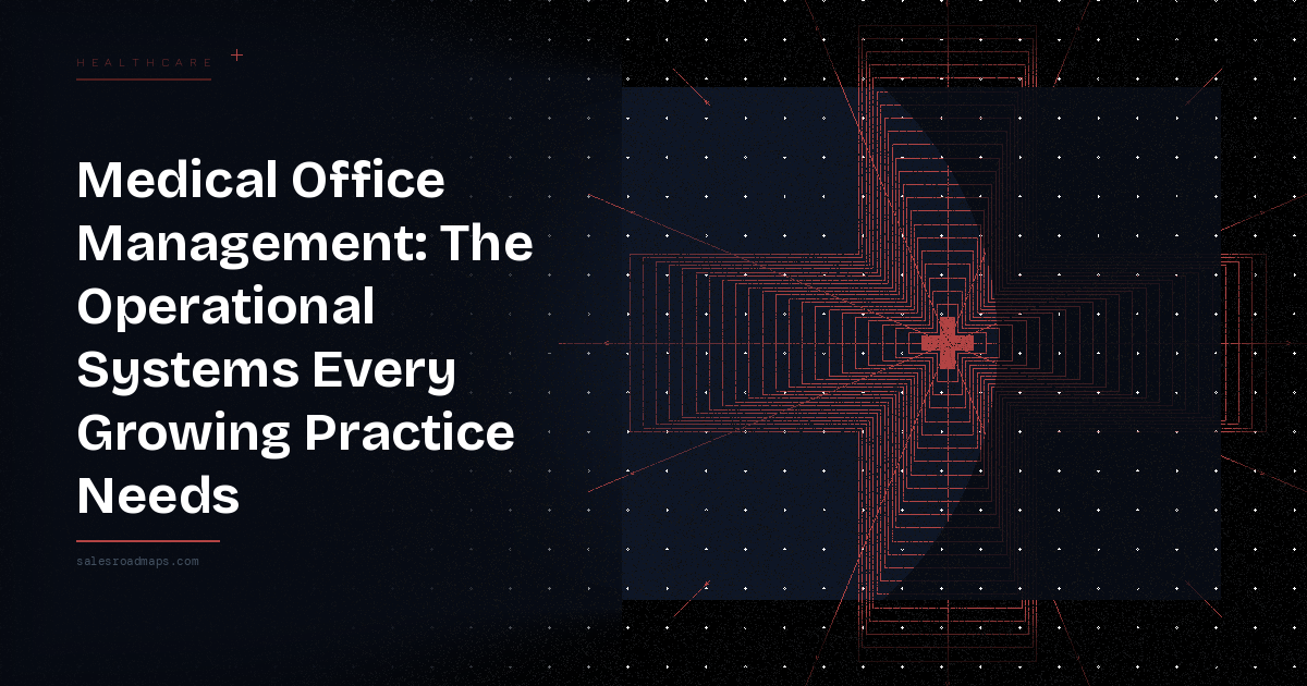 Bold hero with the headline: ‘Medical Office Management: The Operational Systems Every Growing Practice Needs’ on the left, and a red geometric cross pattern on a dark background to the right.