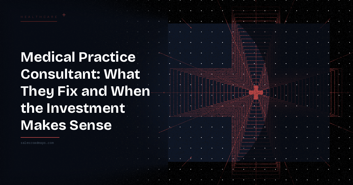 Hero banner with the bold headline 'Medical Practice Consultant: What They Fix and When the Investment Makes Sense' on a dark gradient left, and a red geometric cross pattern on the right.