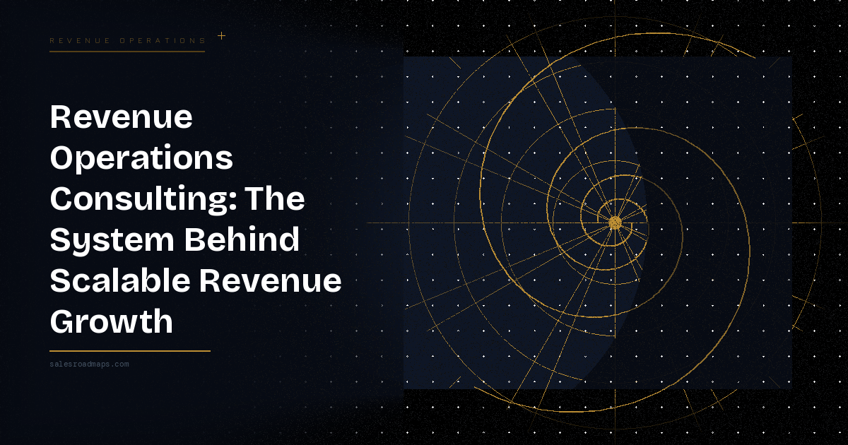 Bold left-aligned title: 'Revenue Operations Consulting: The System Behind Scalable Revenue Growth' with a gold circular geometric design on the right against a dark background.