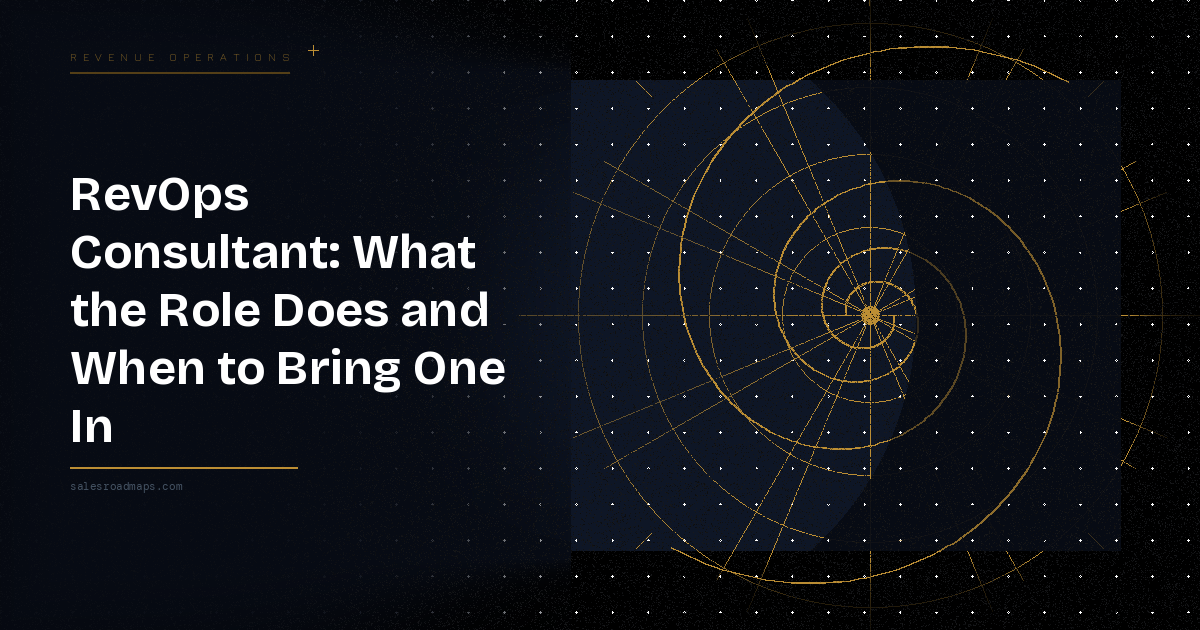 Hero image for RevOps article: dark left panel with bold title; right side features a gold circular radar/geometry diagram on a starry background.