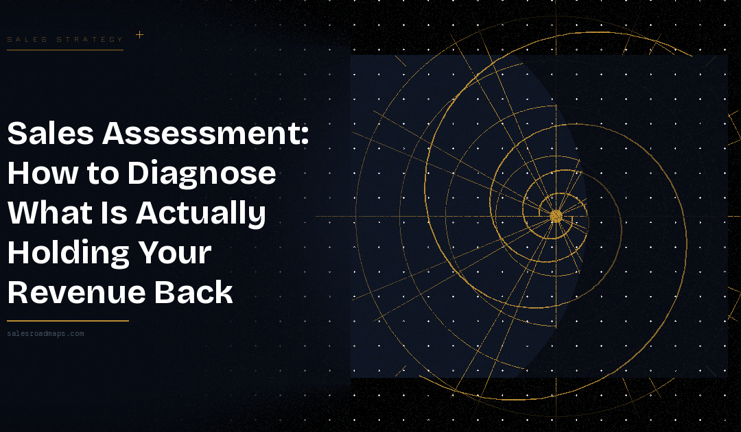 Hero banner: bold white title 'Sales Assessment: How to Diagnose What Is Actually Holding Your Revenue Back' on the left; dark starry background and a gold circular radar diagram on the right.