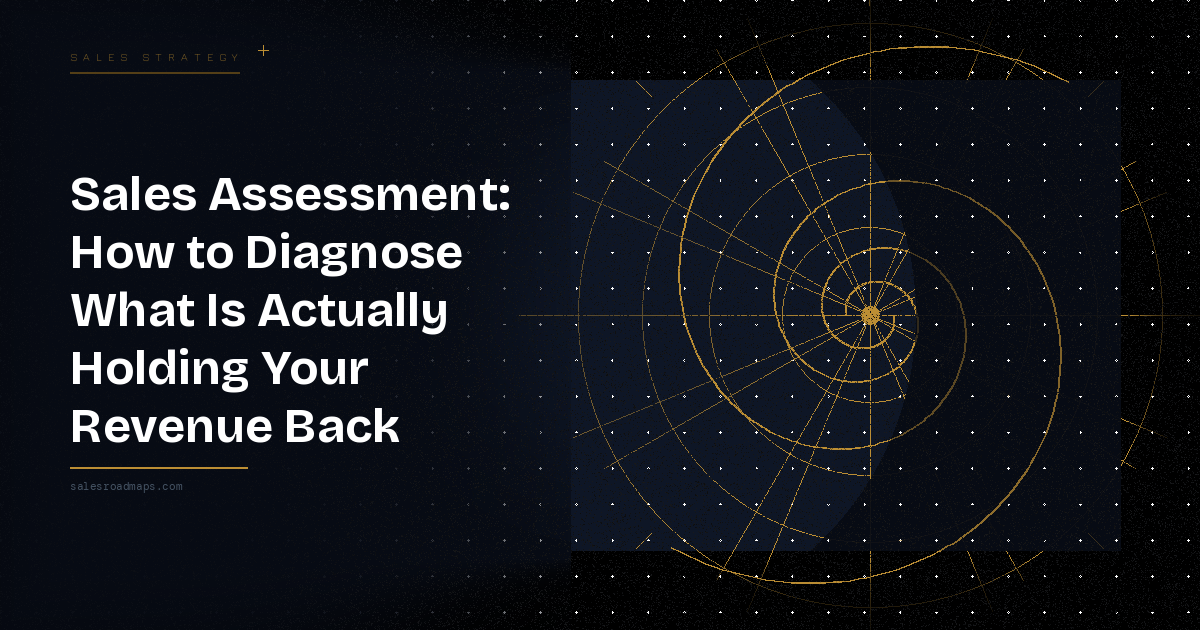 Hero banner: bold white title 'Sales Assessment: How to Diagnose What Is Actually Holding Your Revenue Back' on the left; dark starry background and a gold circular radar diagram on the right.