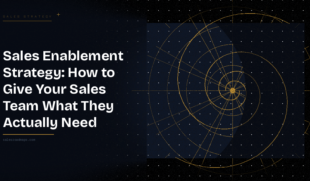 Hero banner with a bold headline about sales enablement on a dark gradient; gold circular radar design on the right.