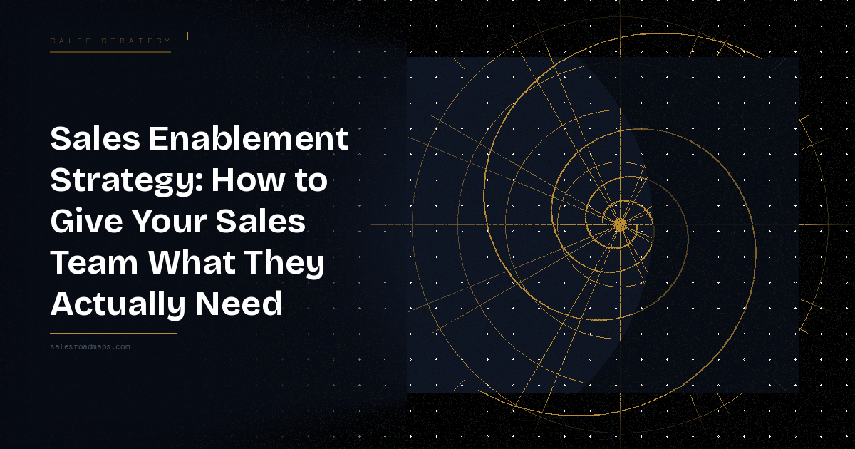 Hero banner with a bold headline about sales enablement on a dark gradient; gold circular radar design on the right.