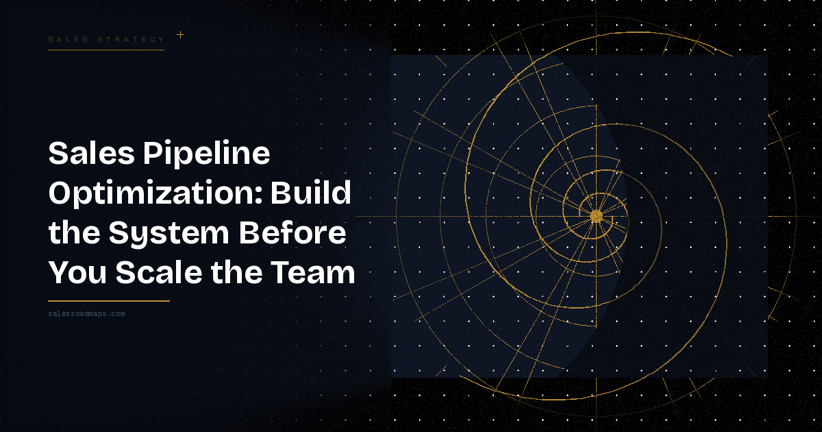 Hero banner: bold white headline about sales pipeline optimization on the left, dark gradient background; right side shows a blue radar/astrolabe graphic overlaid with gold lines.
