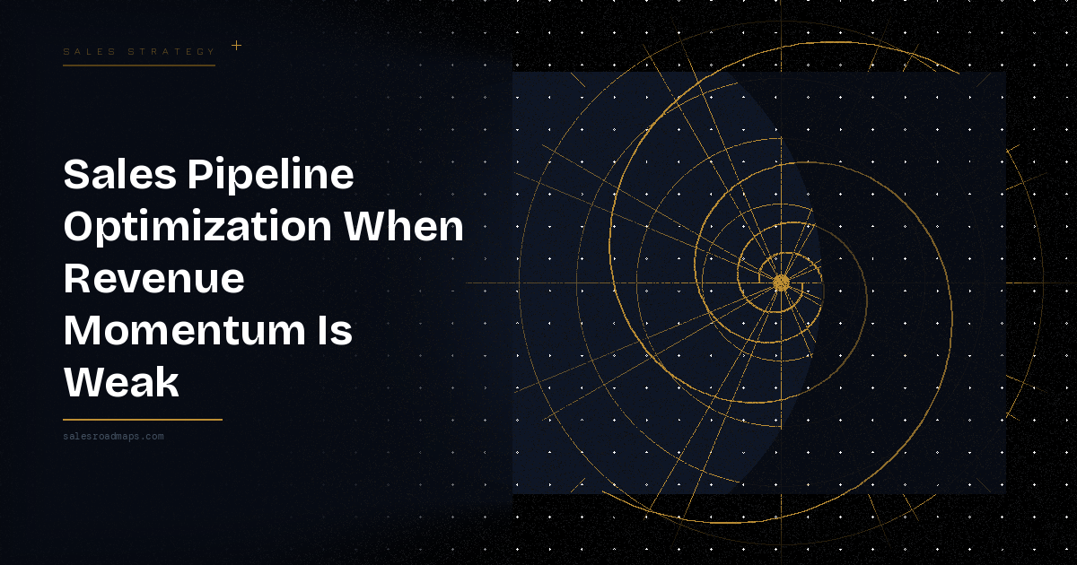 Hero banner with bold white headline 'Sales Pipeline Optimization When Revenue Momentum Is Weak' on the left and a gold radar-style chart on the right against a dark starry background, includes a 'Sales Strategy' label and site name.