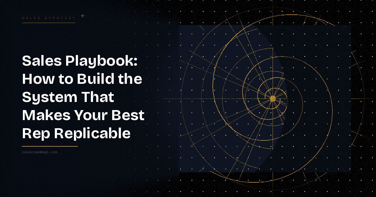 Dark hero with bold title: 'Sales Playbook: How to Build the System That Makes Your Best Rep Replicable' and a gold circular grid on the right.