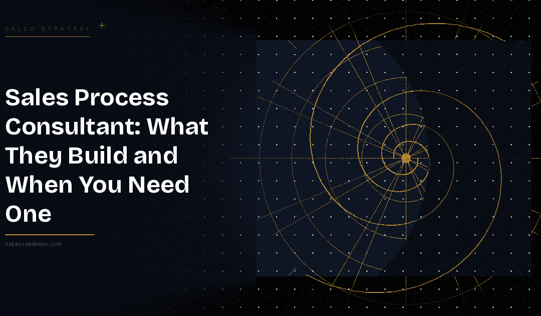Dark hero banner: bold white headline about a sales process consultant on the left, with a gold circular radar/target design on the right.