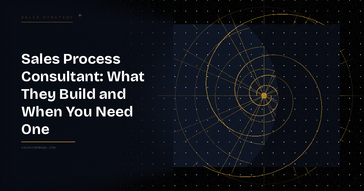 Dark hero banner: bold white headline about a sales process consultant on the left, with a gold circular radar/target design on the right.