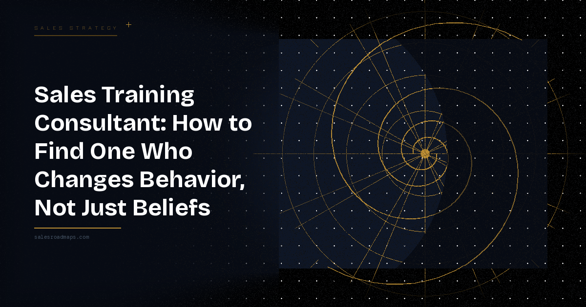 Hero banner with bold white title about finding a sales training consultant; dark left gradient and a gold geometric radar-like circle on the right.