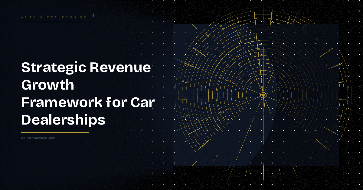 Headline reading 'Strategic Revenue Growth Framework for Car Dealerships' on a dark starry background with a gold circular radar diagram to the right.