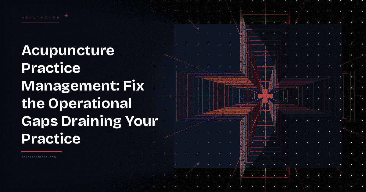 Bold white headline on a dark gradient background: 'Acupuncture Practice Management: Fix the Operational Gaps Draining Your Practice' with a layered red cross-like geometric graphic on the right.