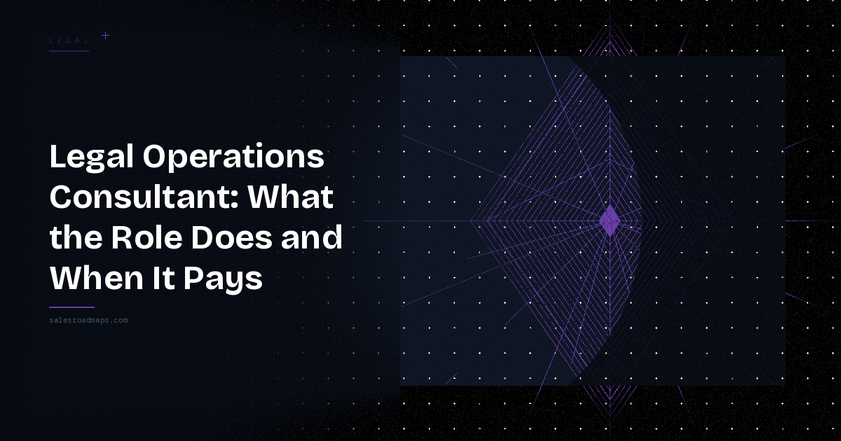 Hero banner with the article title 'Legal Operations Consultant: What the Role Does and When It Pays' on a dark gradient, plus a purple geometric wireframe diamond on the right.