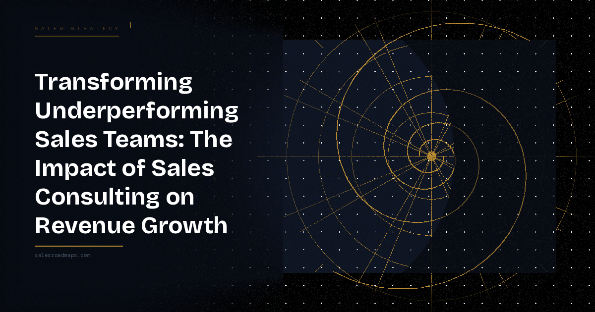 Hero banner: bold white headline about transforming underperforming sales teams with a geometric concentric-circle diagram on the right against a dark starry background.