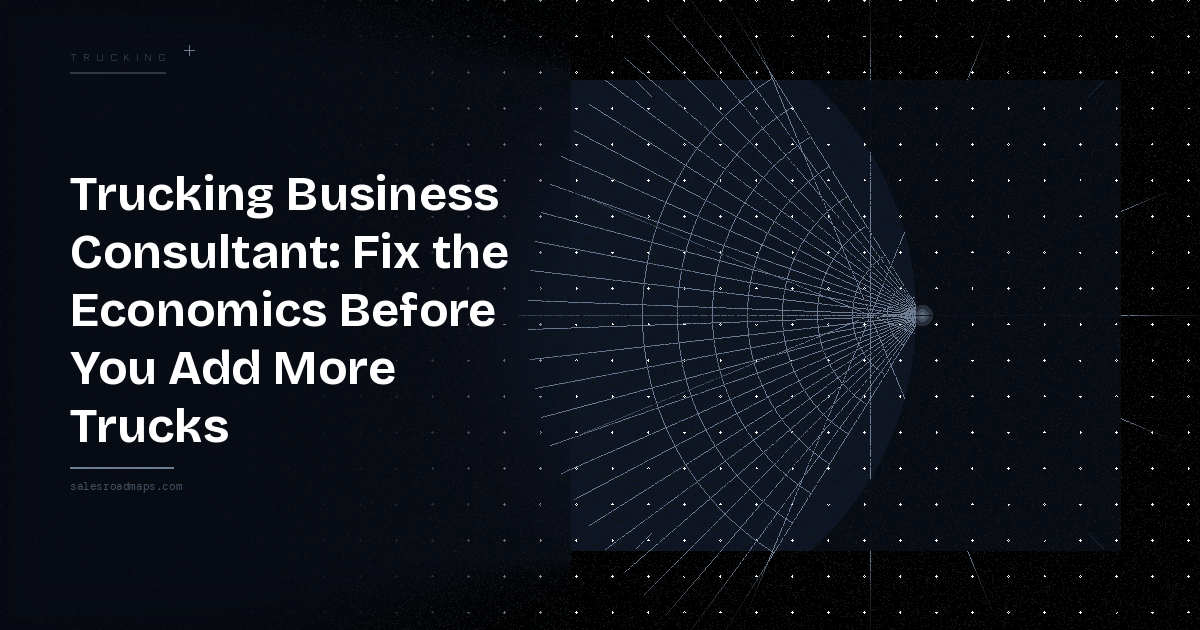 Hero banner with the bold white headline 'Trucking Business Consultant: Fix the Economics Before You Add More Trucks' on a dark gradient left, and a blue geometric radial grid on the right against a starry background.
