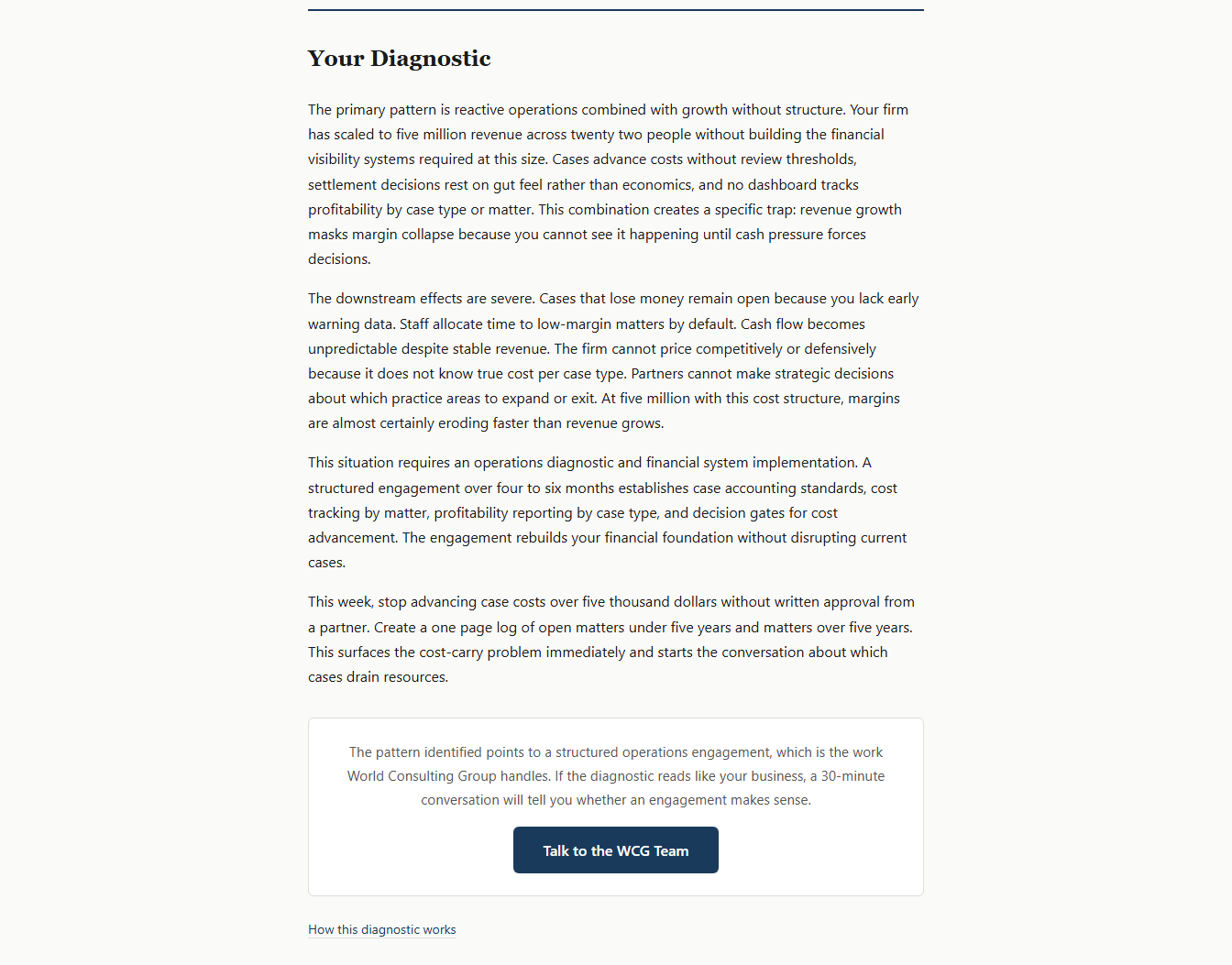 Diagnostic result returned by the free business diagnostic tool