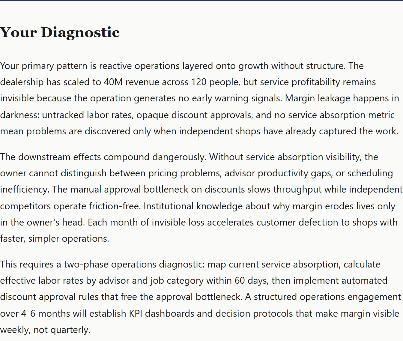 Diagnostic result returned by the free business diagnostic tool