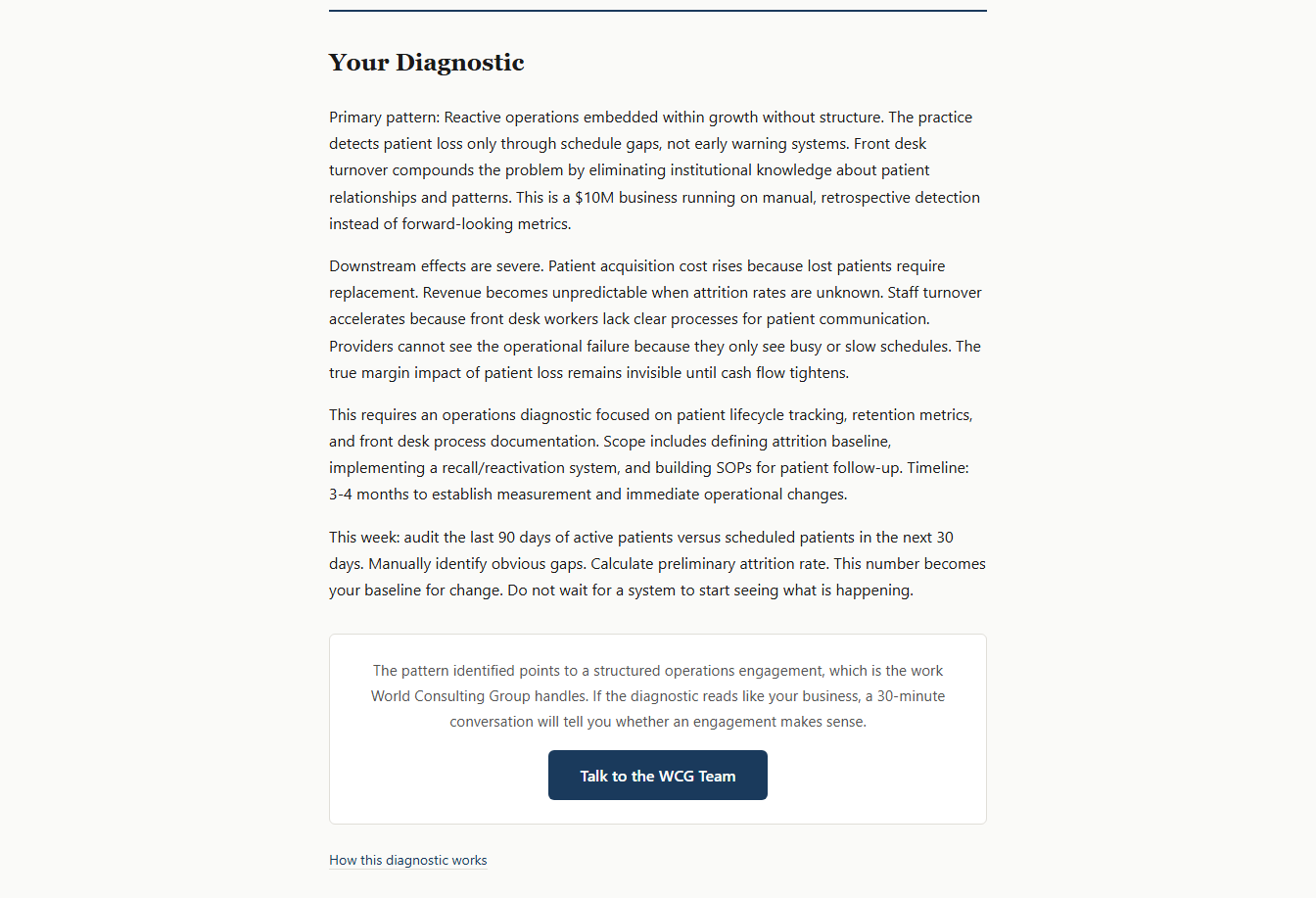 Diagnostic result returned by the free business diagnostic tool