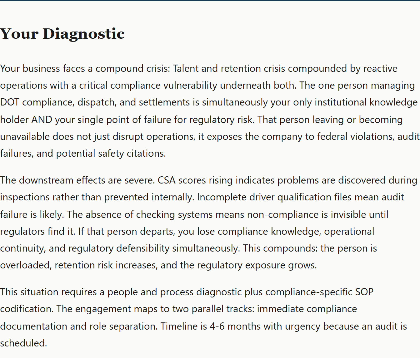 Diagnostic result returned by the free business diagnostic tool