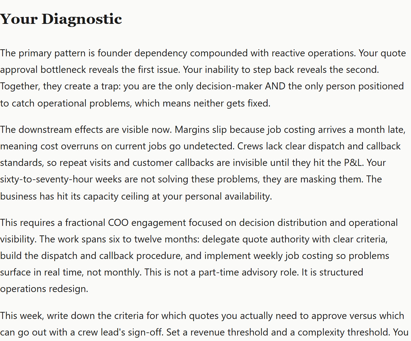 Diagnostic result returned by the free business diagnostic tool for the same situation