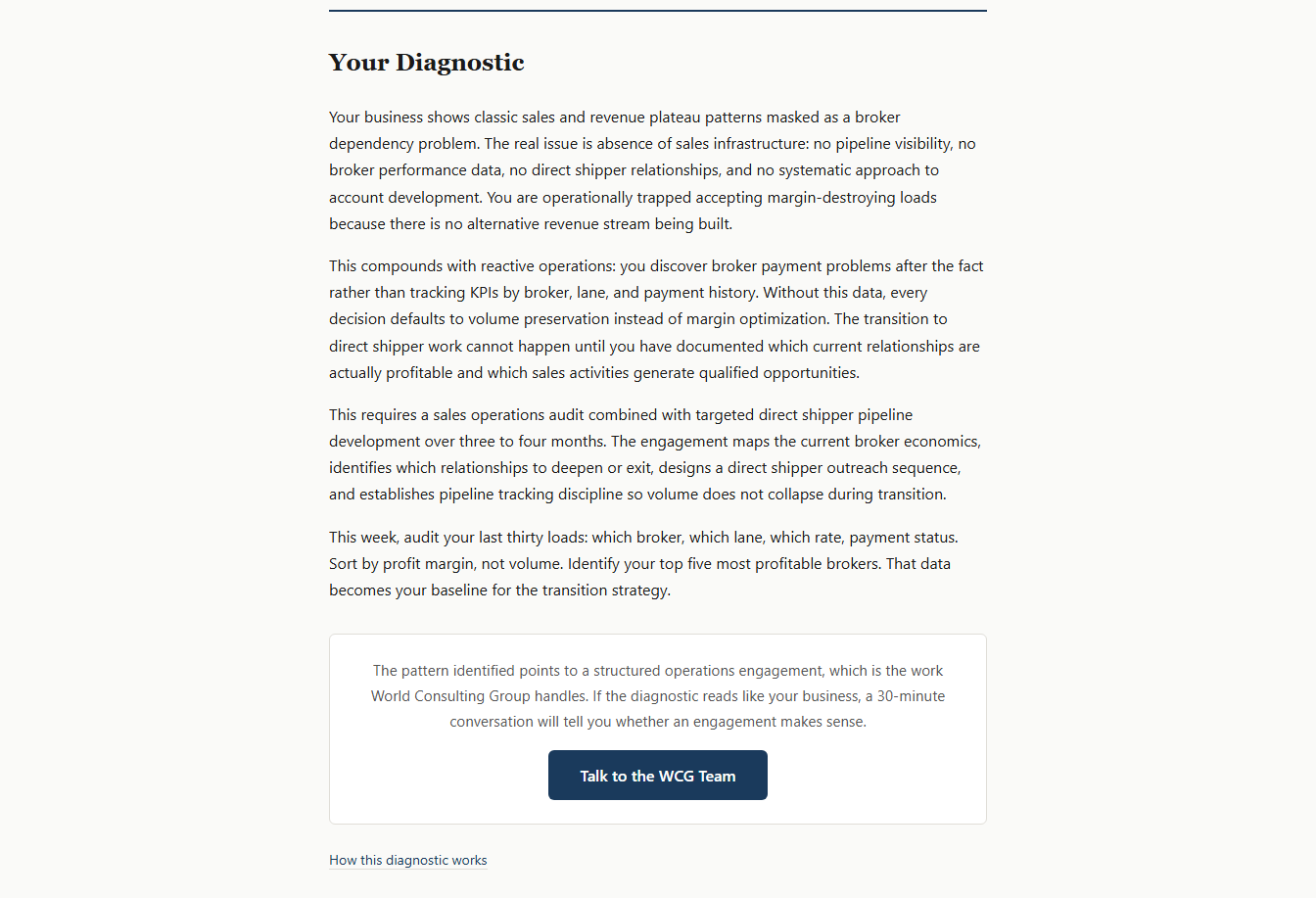 Diagnostic result returned by the free business diagnostic tool