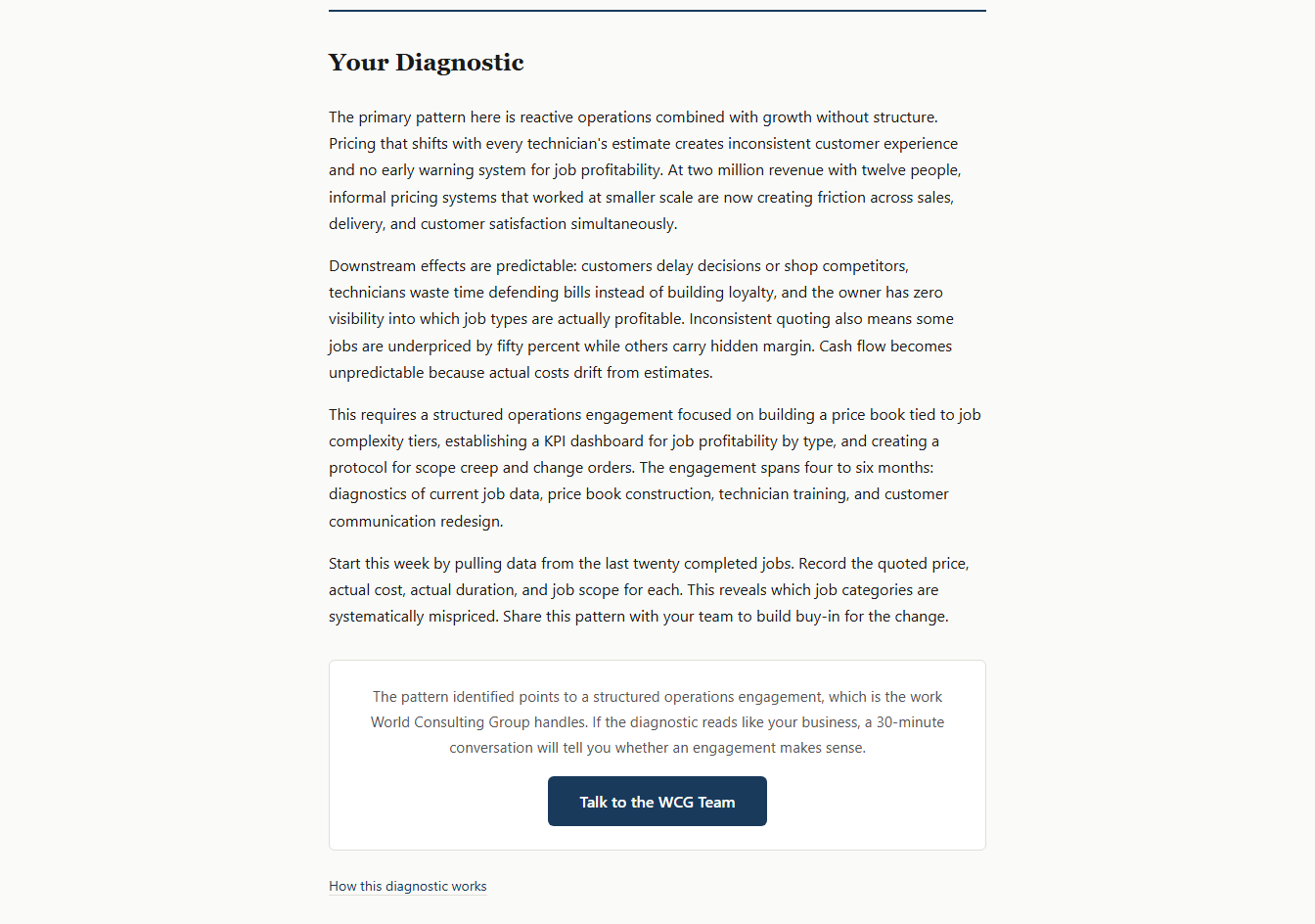 Diagnostic result returned by the free business diagnostic tool
