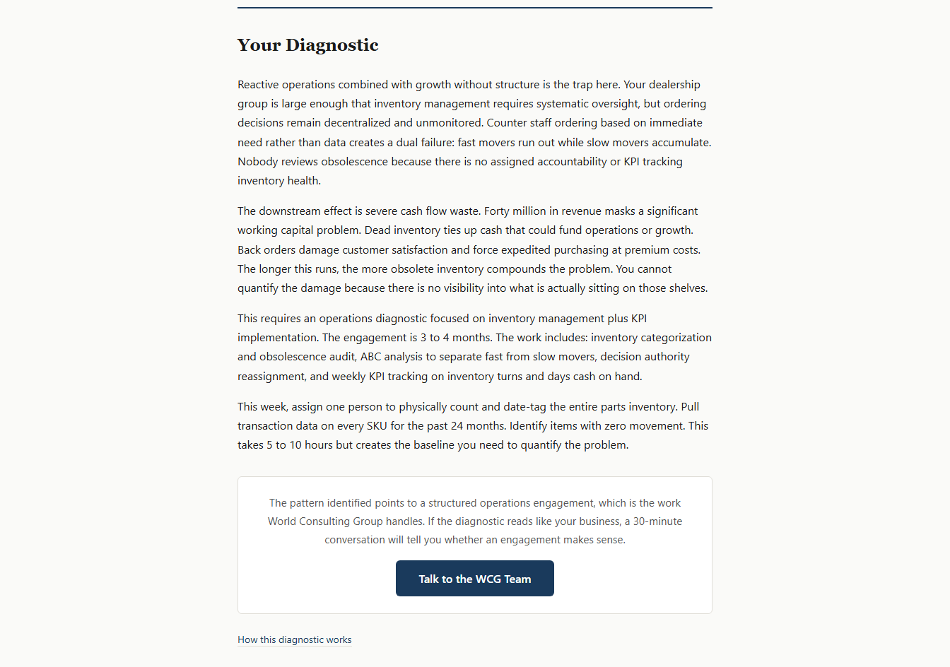 Diagnostic result returned by the free business diagnostic tool