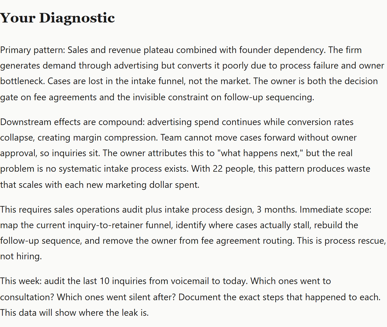 Diagnostic result returned by the free business diagnostic tool